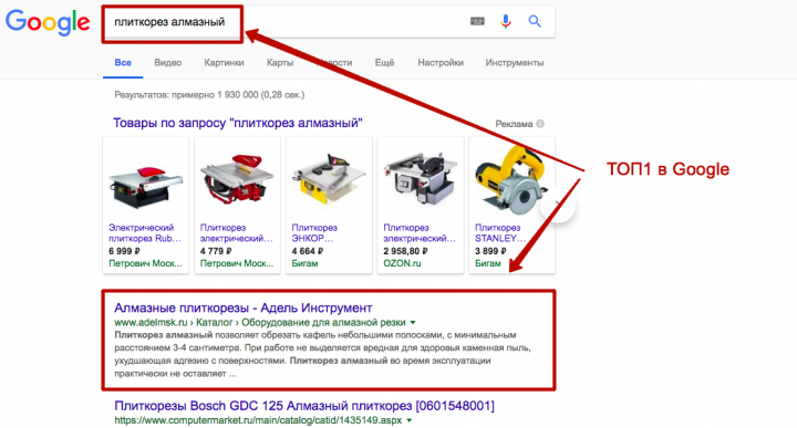 Запрос "Плиткорез алмазный" 1 место в Google