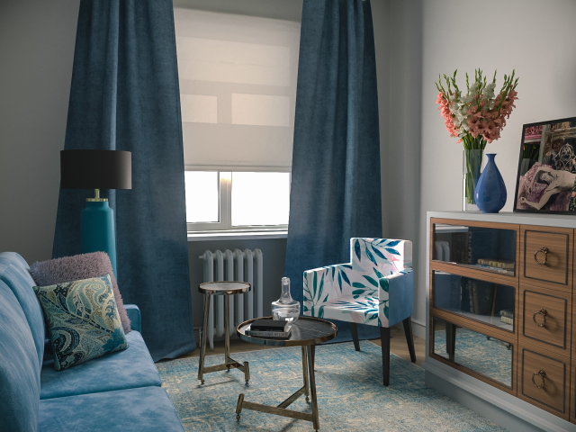 Гостиная с голубым диваном