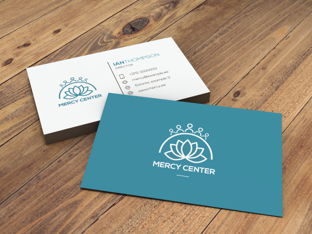 Mercy Center logo + visit card