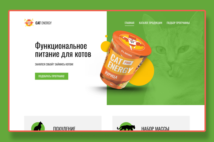 Верстка сайта по продаже кошачьей еды