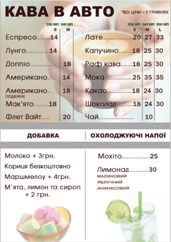 Меню кофе