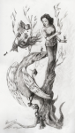 Winged look a girl and a sad dragon