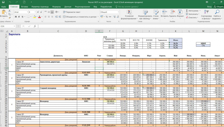 Excel Расчет ФОТ и соц расходов