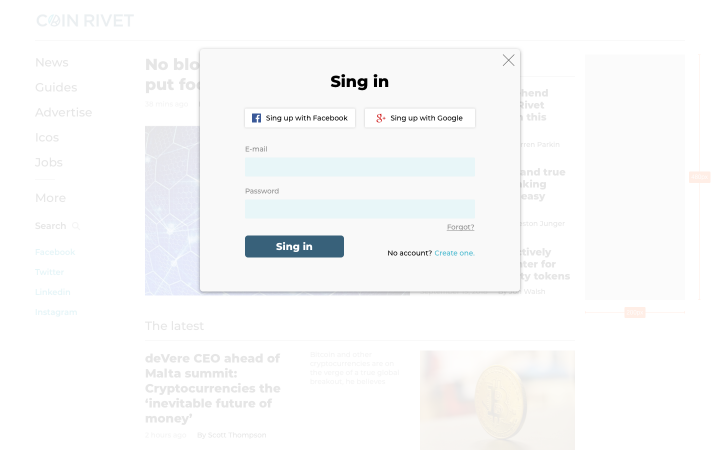 форма sing in/sing up для сайта Coin Rivet