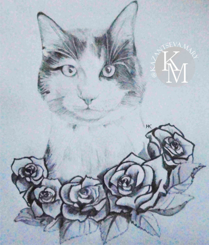 Пример. Кот и цветы (карандаш)