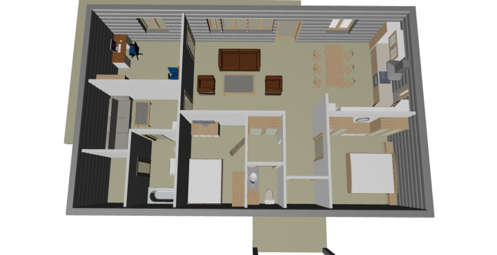 3D вид планировочное решение с расстановкой мебели в коттедже