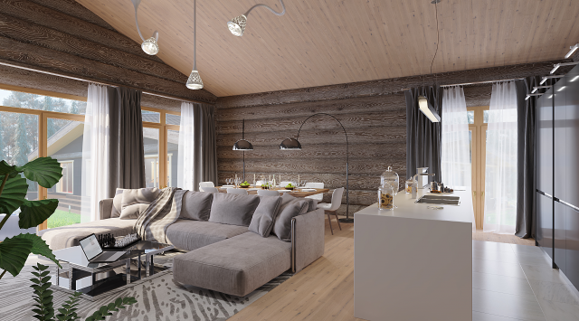 Гостиная в доме из рубленного бревна