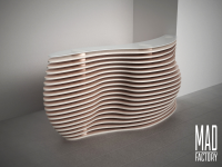 Стойка ресепшн из фанеры, толщиной 18 мм и каленого стекла.