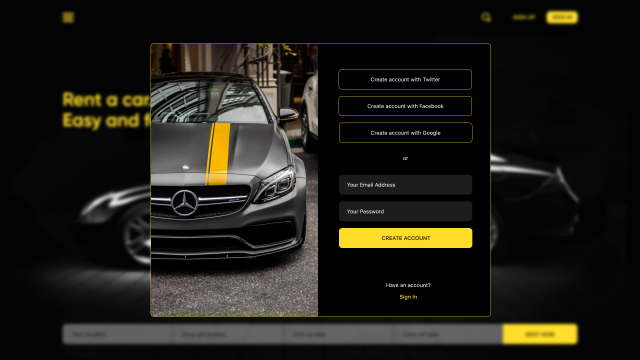Sign up page for car rental site.