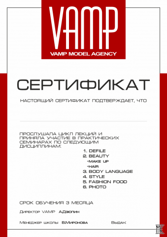 Сертификат модельному агентству ВАМП