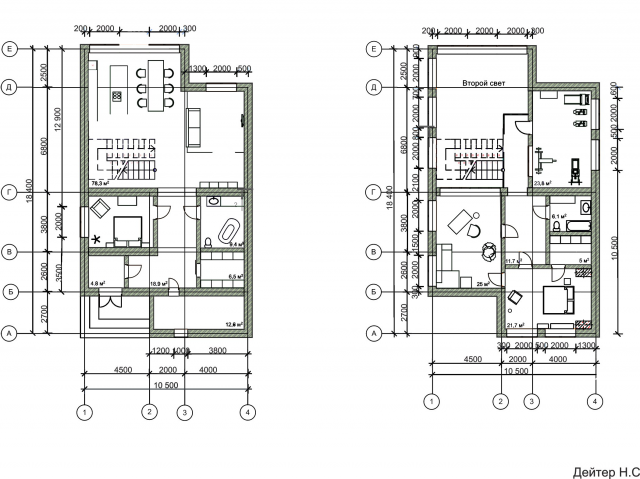 План 1 и 2 этажа с расстановкой. Коттедж в стиле LOFT.