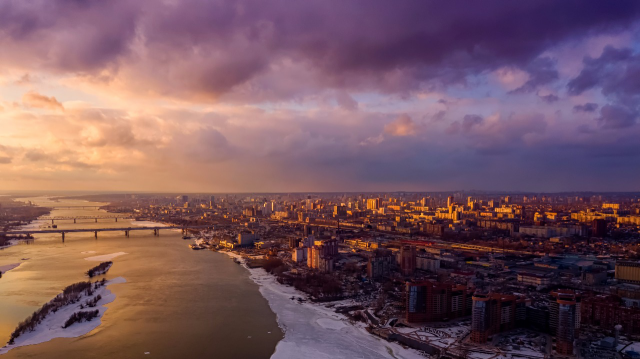 Новосибирск на закате съемка с дрона