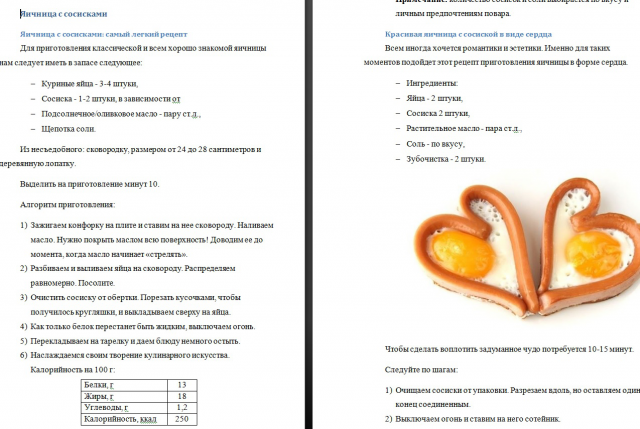 Текст для кулинарного блога "Яичница с сосисками"