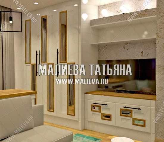 Гостиная вид c белой тумбой под TV