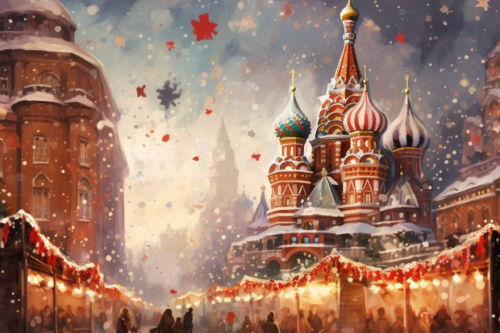 Акварельная иллюстрация новогодняя Москва