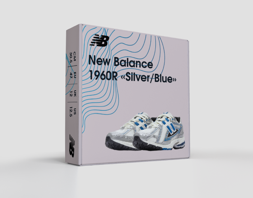 Разработка дизайна упаковки для кроссовок New Balance 1960R «Silver/Blue» (в рамках обчуения)