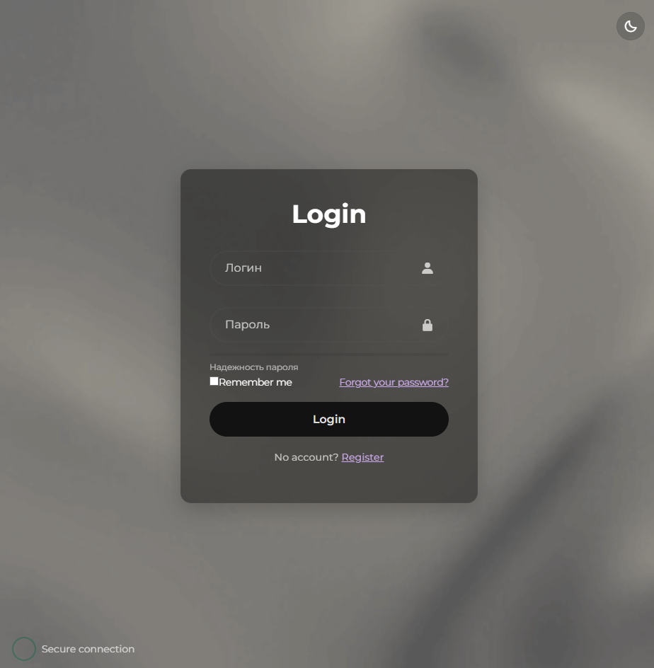 Страница входа пользователя с возможностью переключения темы