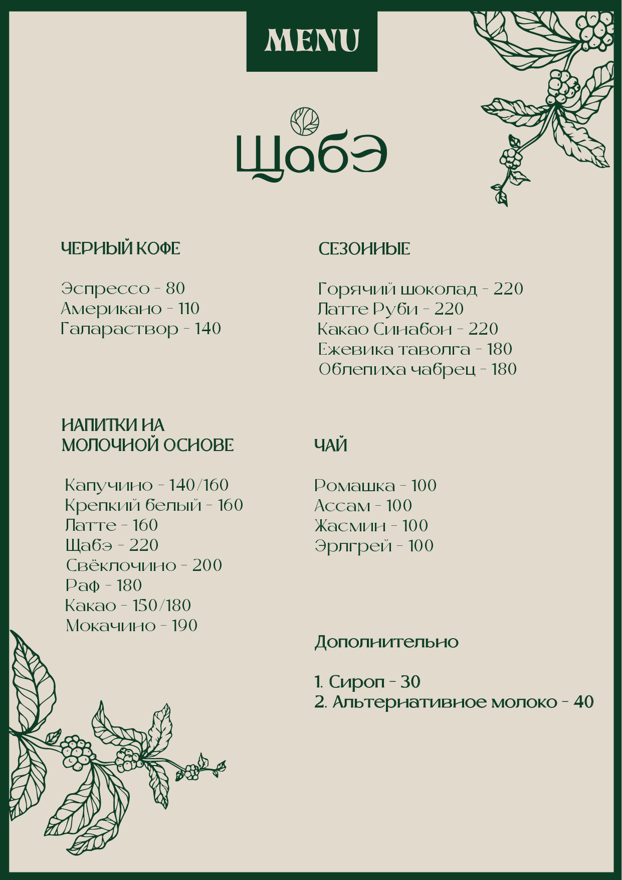 меню для кофейни