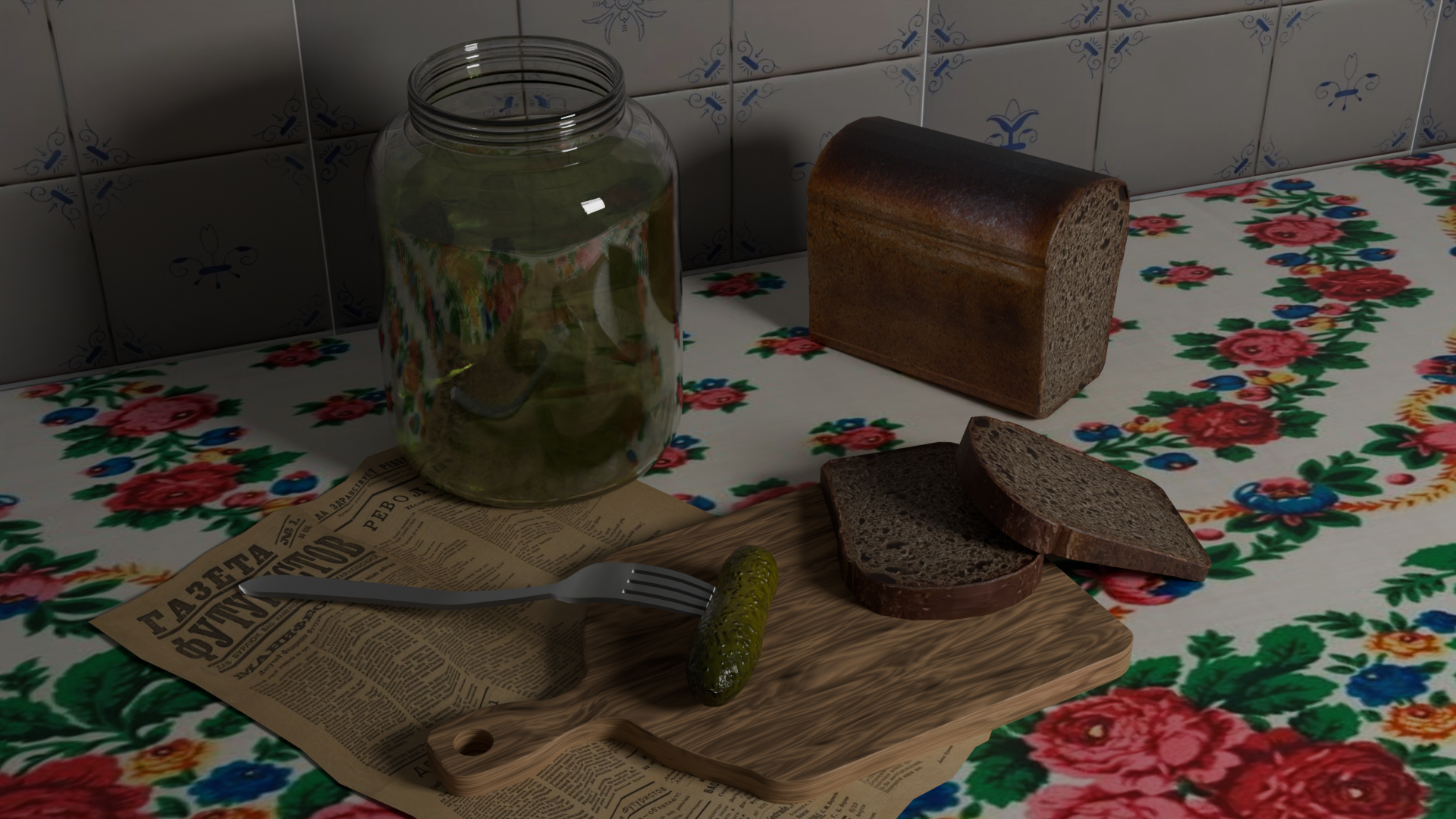 Натюрморт из банки с огурцами и буханки хлеба