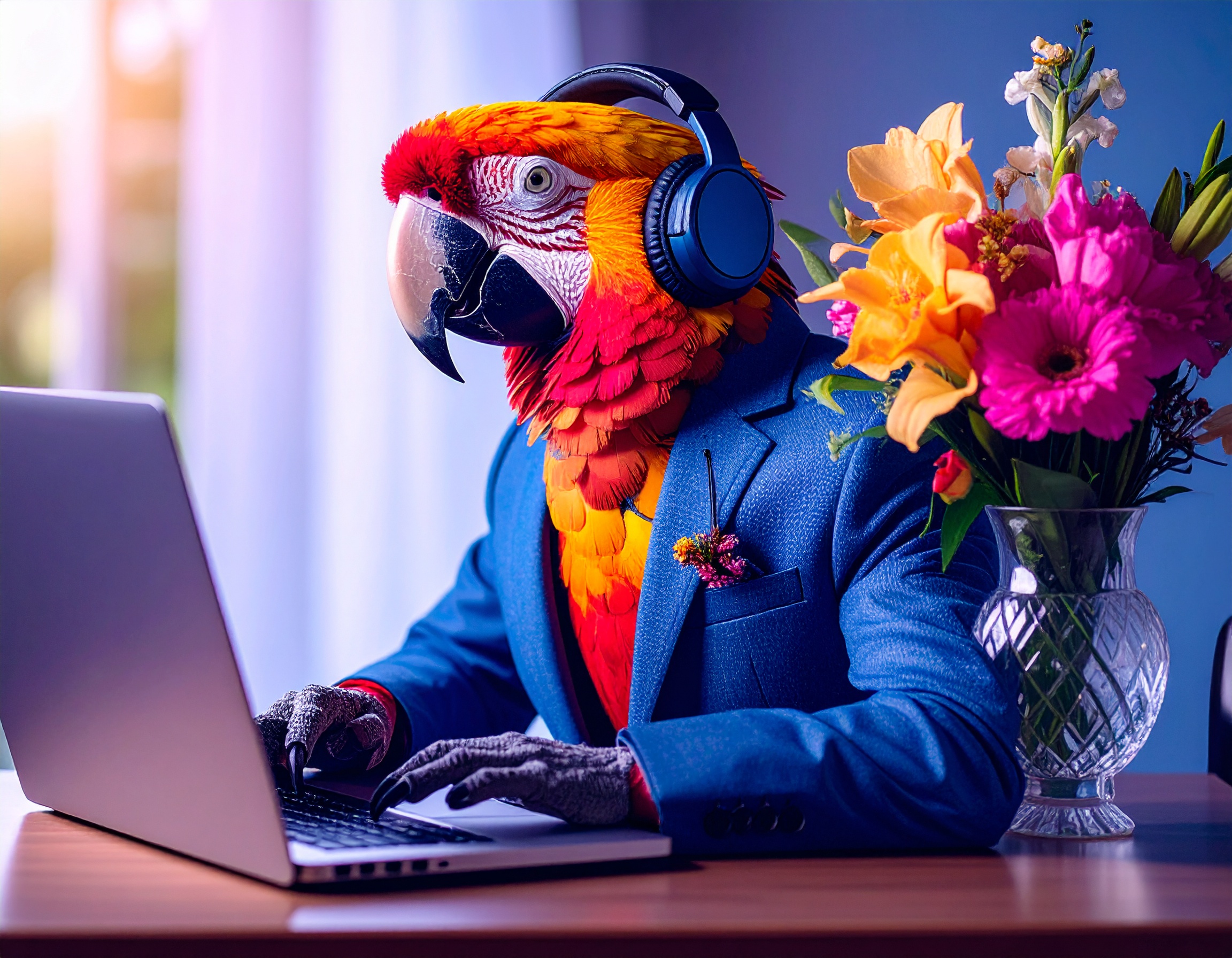Firefly_яркий цветной попугай ара  в гарнитуре; сидит за столом;