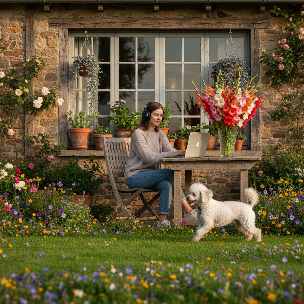 Firefly_Gemini Flash_A girl with headphones on is sitting on the