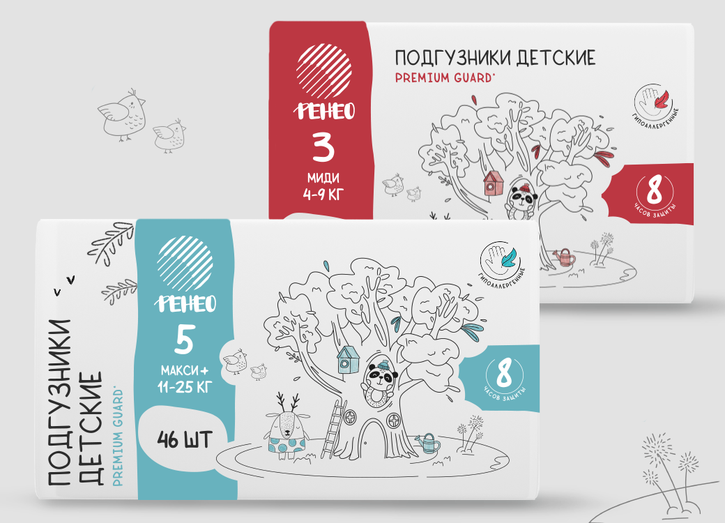 Дизайн серии упаковок подгузников-трусиков для детей средний сегмент