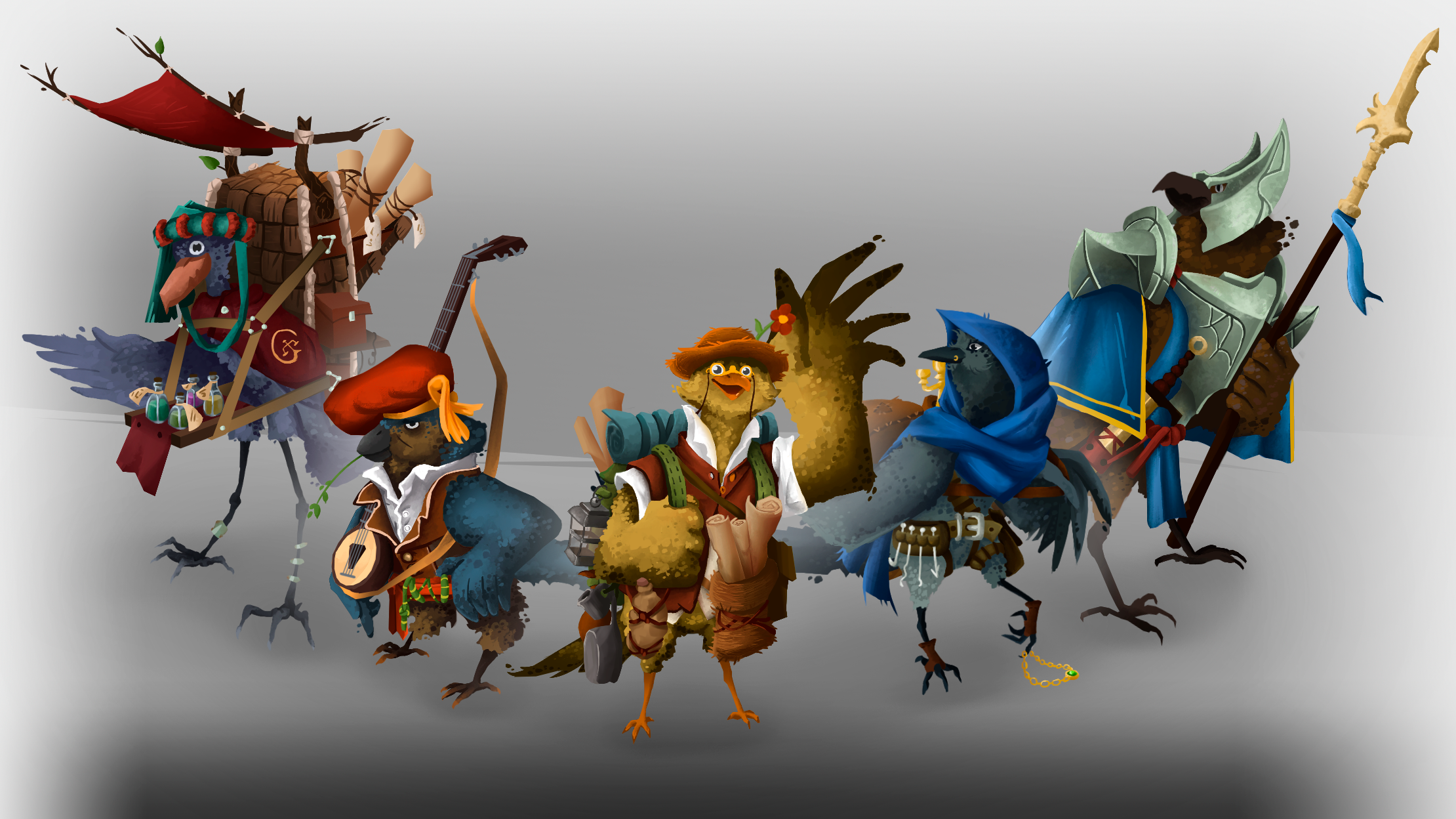 Разработка концепт-арта для серии персонажей: антропоморфные птицы