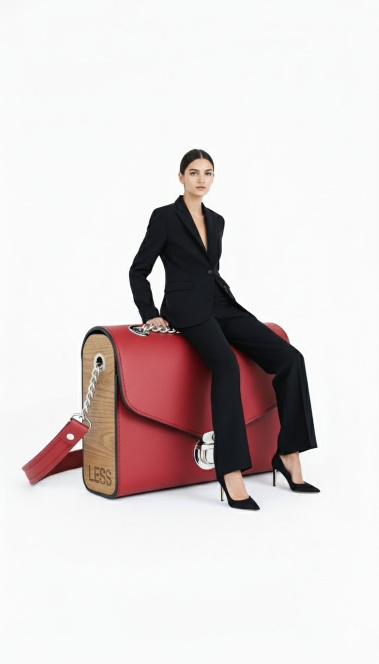 ИИ-визуал для бренда LESS: digital fashion-ролик с девушками на гигантских сумках — воплощение женственности и минимализма.