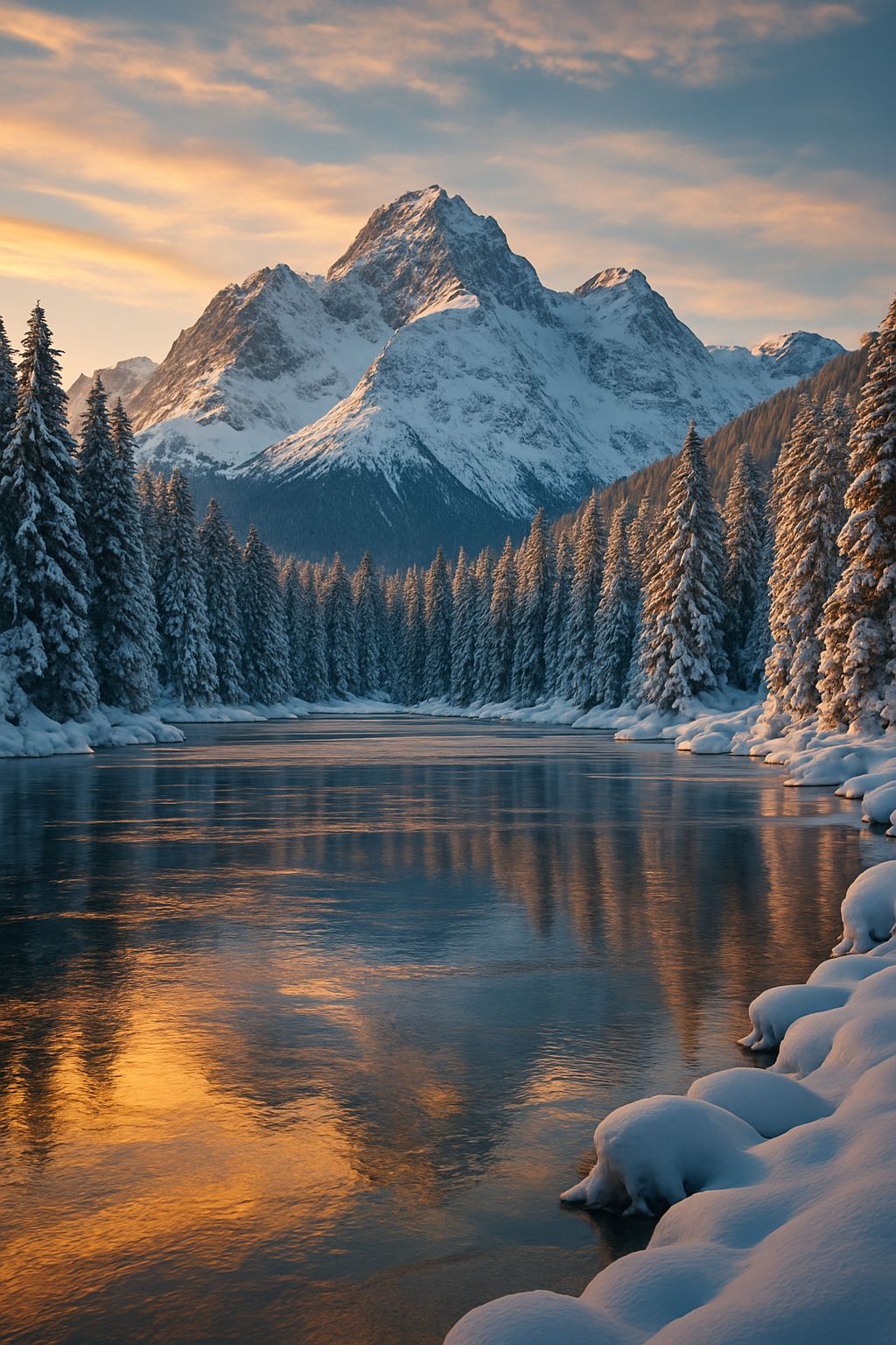 Photorealistic Winter Landscape With Snowy Mountains And Forests