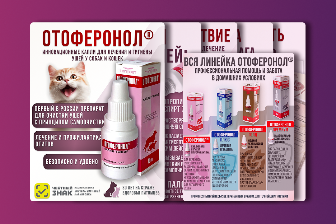 Инфографика для капель «Отоферонол®» — серия визуальных слайдов для бренда «ТопВет»