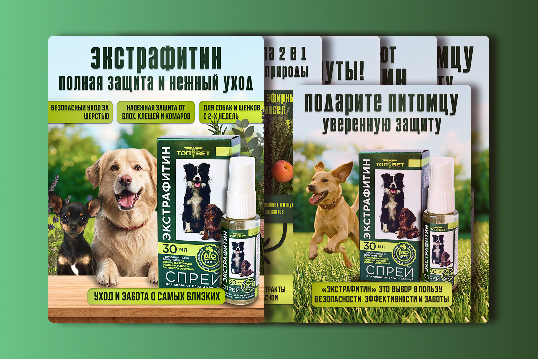 Инфографика для спрея «Экстрафитин» — серия визуальных слайдов для бренда «ТопВет»