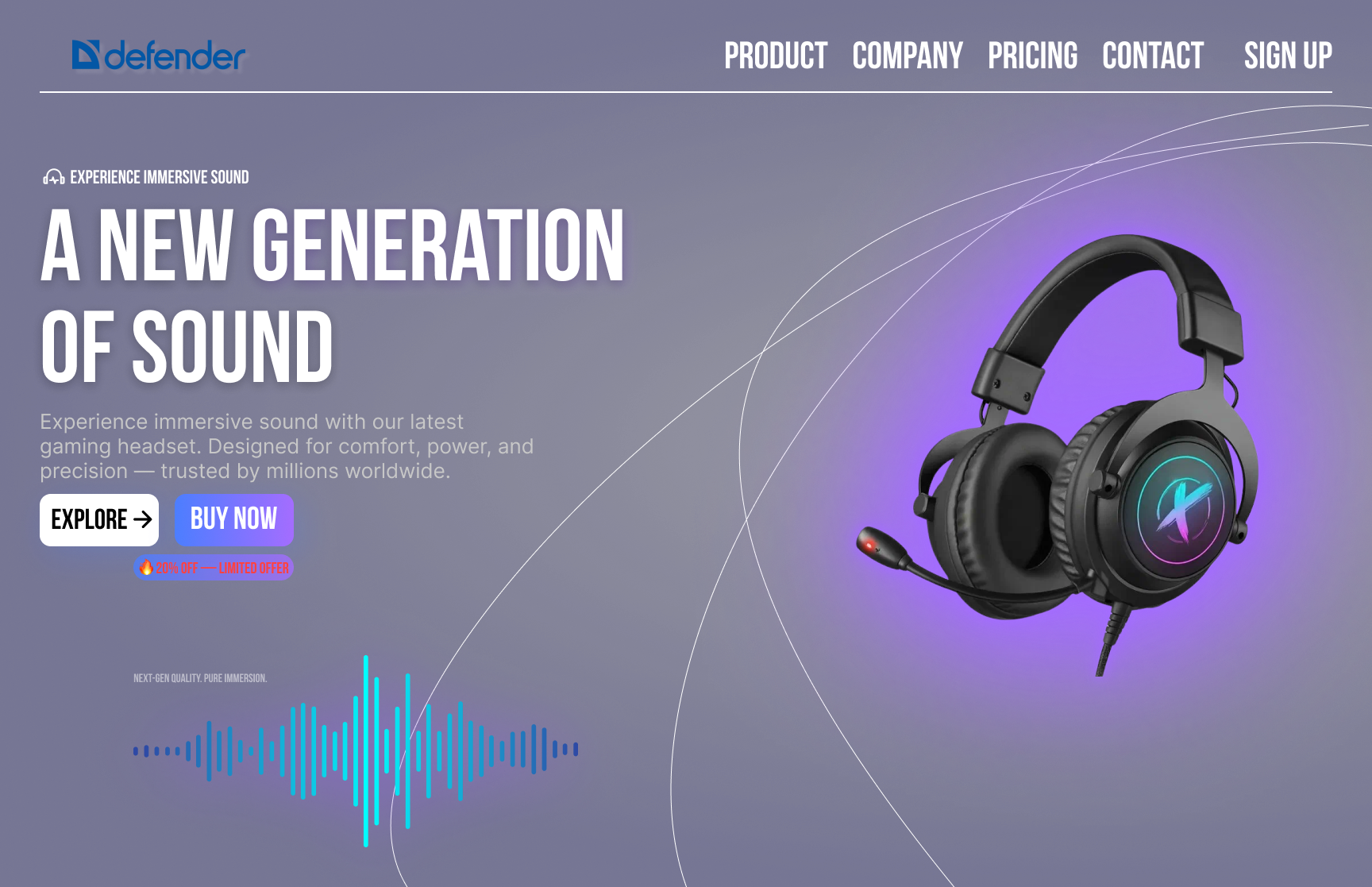 Промо-страница для игрового бренда Defender, созданная для демонстрации новой линейки аудиоустройств