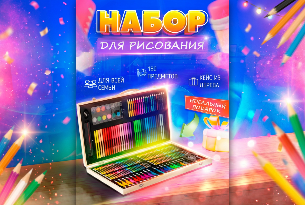 Дизайн карточки товара «Набор для рисования из 180 предметов» для Wildberries