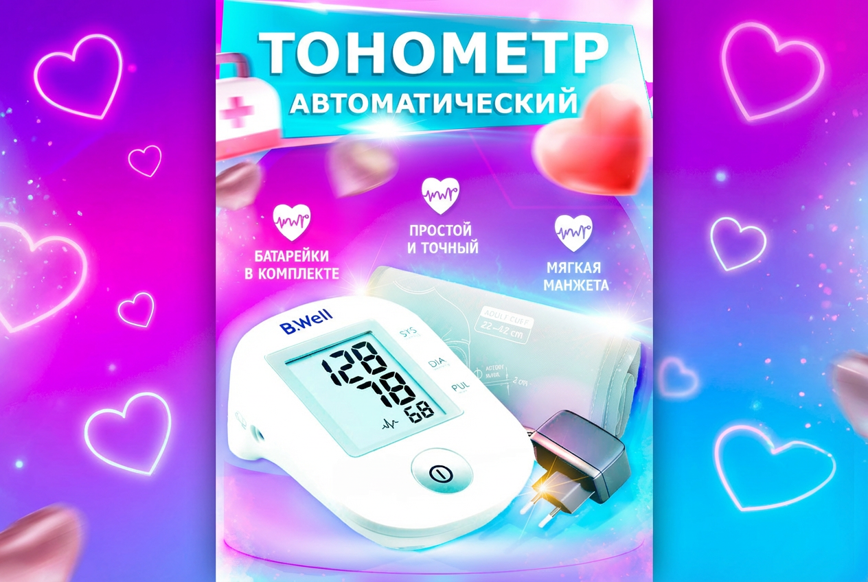 Дизайн карточки товара «Автоматический тонометр с мягкой манжетой 22–42 см» для Wildberries