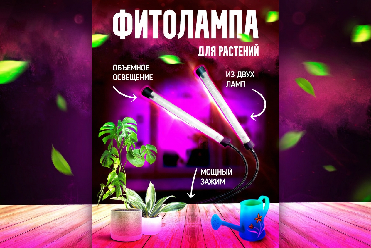 Дизайн карточки товара «Фитолампа для растений с двумя плафонами» для Wildberries