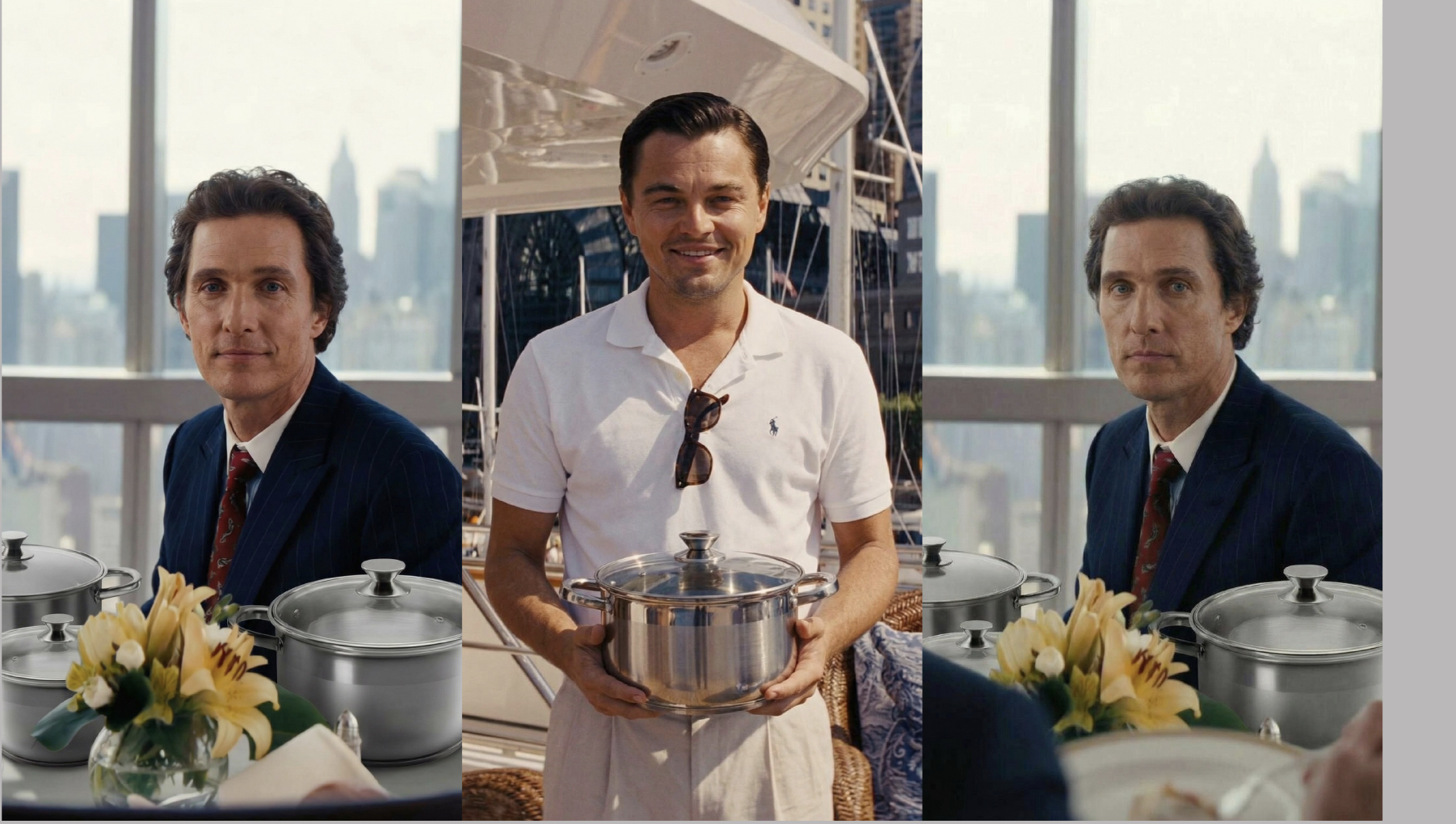 AI-рекламный ролик для бренда кастрюль AQRA с интеграцией в сцену фильма «Волк с Уолл-стрит»