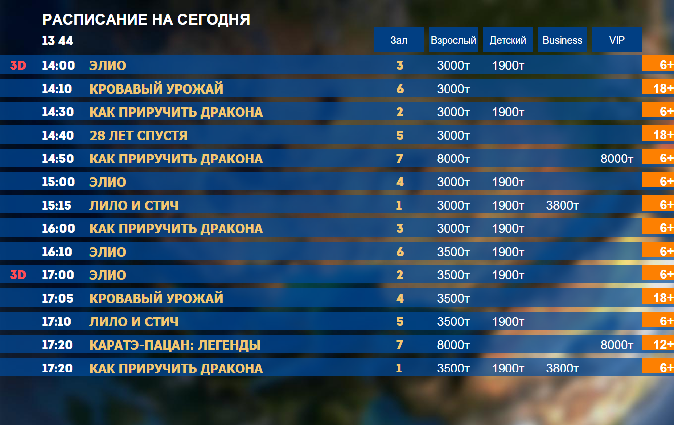Табло сеансов в общественном месте