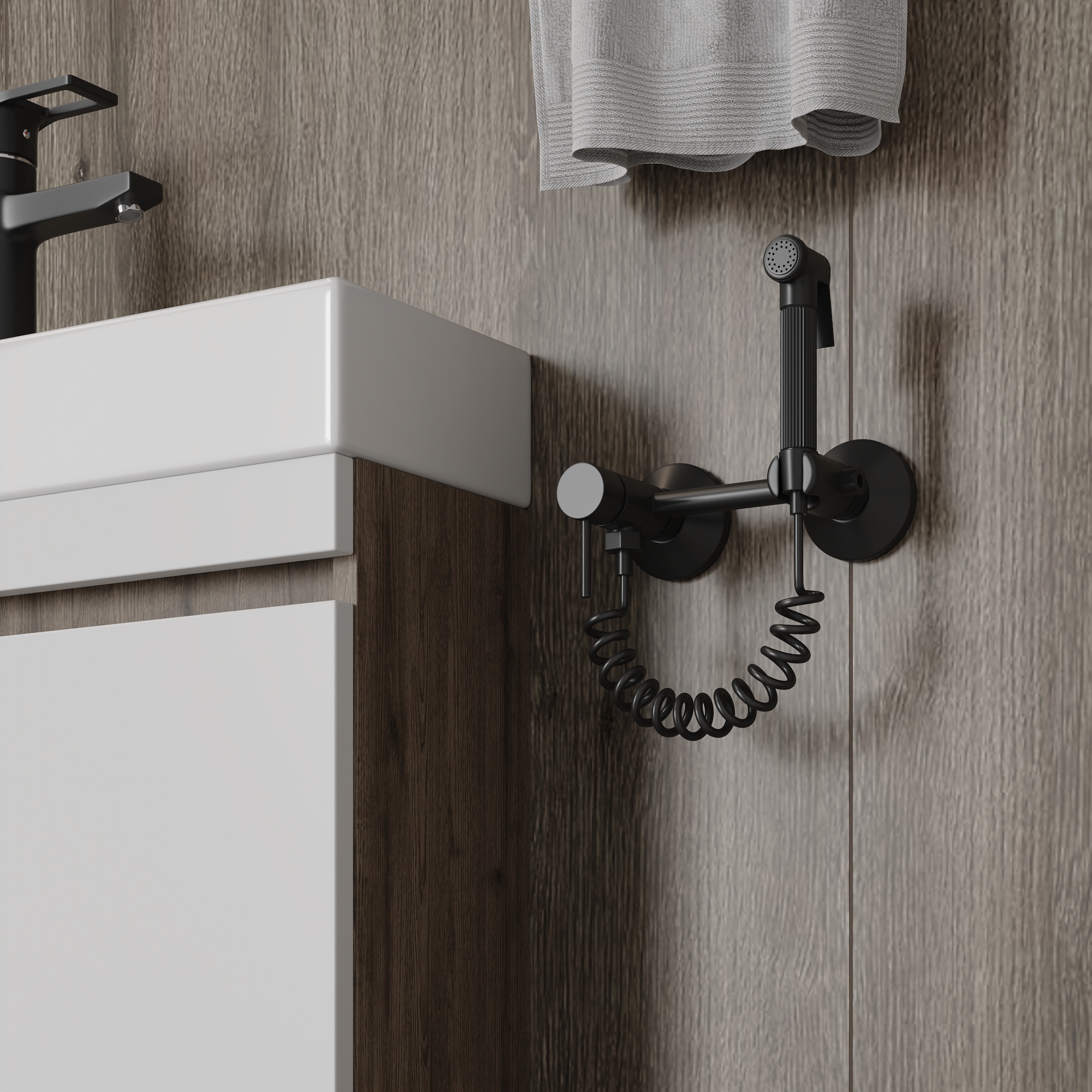 19.Смеситель с гигиеническим душем Teymi Martta, черный матовый 