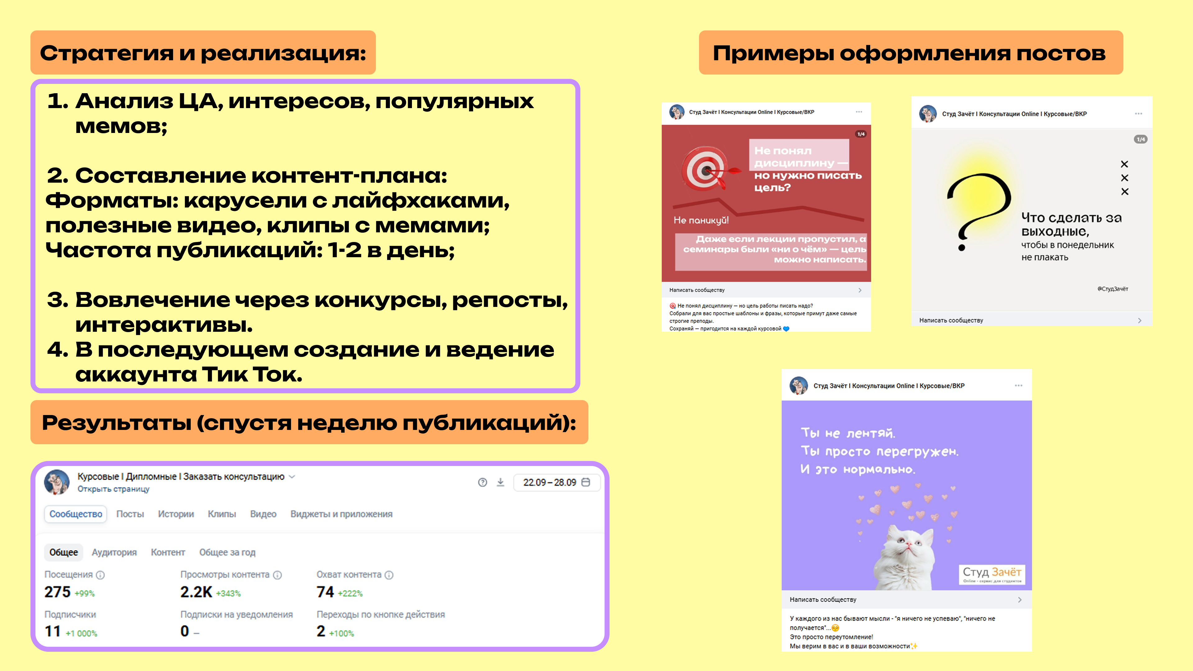 Оформление и ведение социальных сетей для сервиса по написанию студенческих работ на заказ