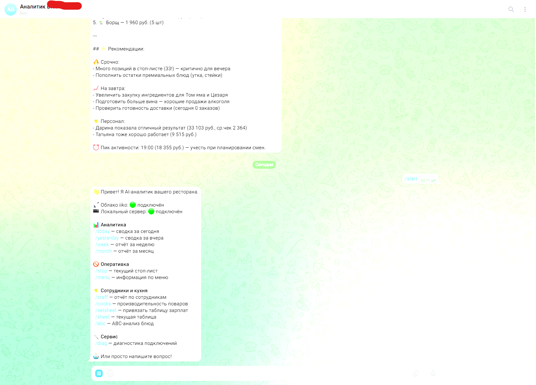 Чат бот для Телеграм для ресторанов с интеграцией для iiko