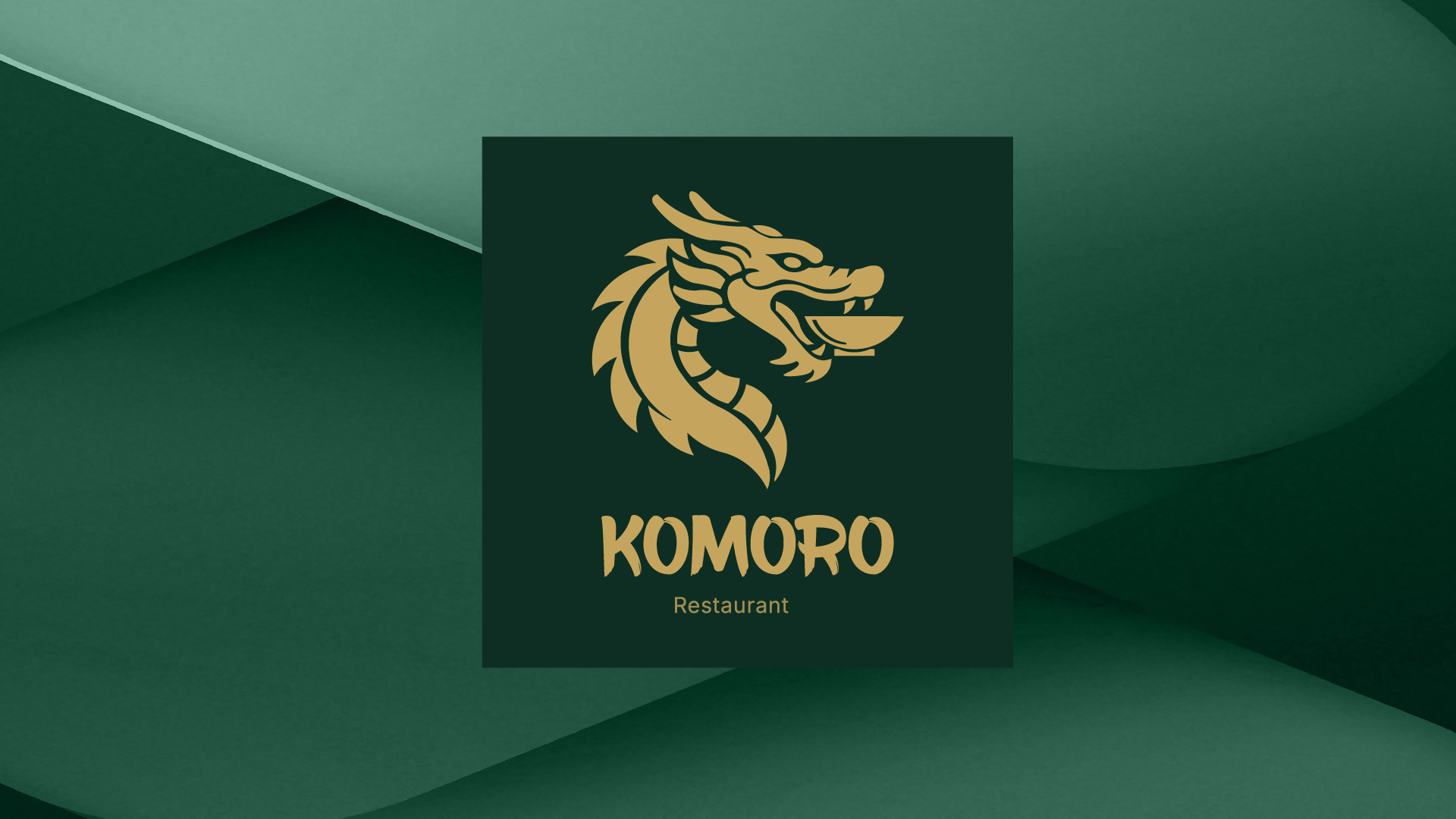Премиальный логотип для ресторана азиатской кухни KOMORO — символ дракона в золотом исполнении