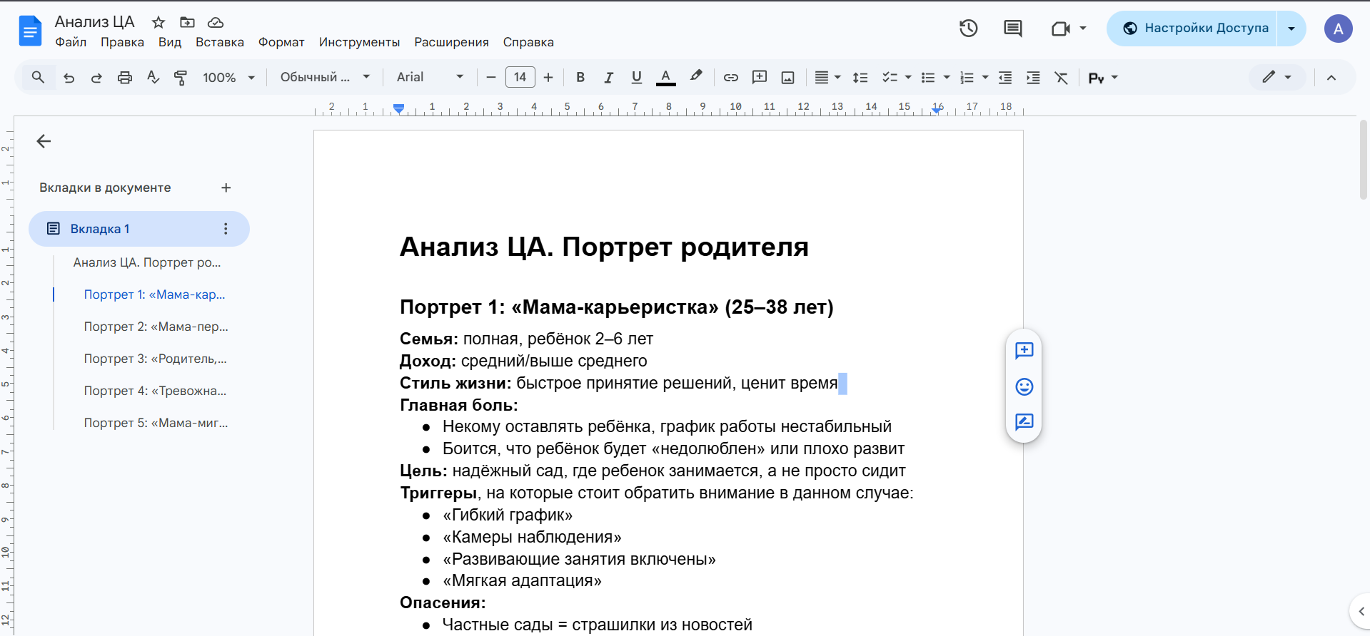 Анализ ЦА для частного детского сада