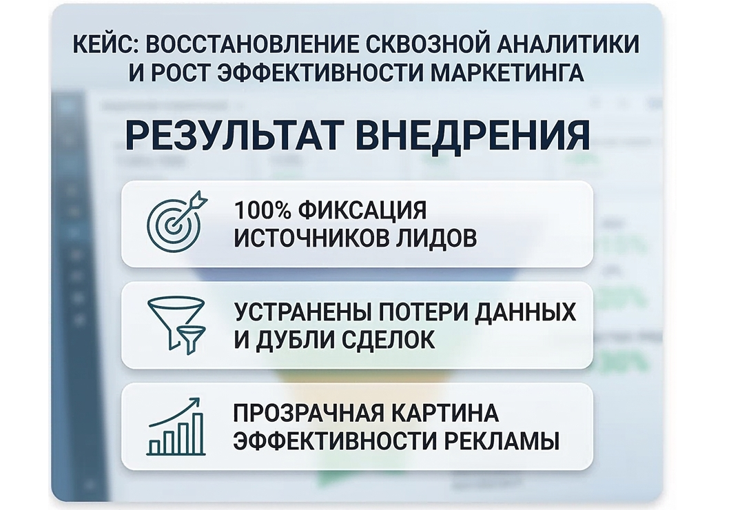 Внедрил сквозную аналитику с нуля. Настроил прозрачную эффективность всех рекламных каналов.