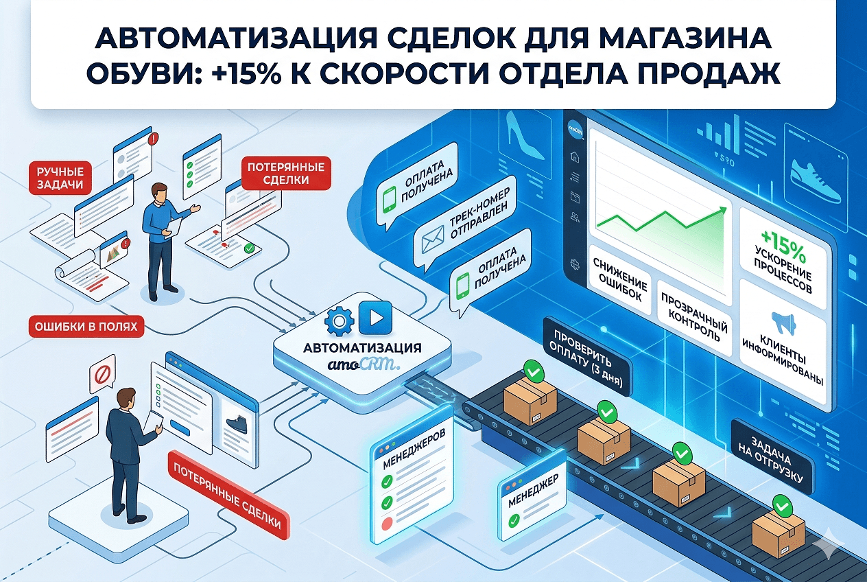 Автоматизировал обработку лидов и сделок: убрал ручные действия и ускорил работу отдела на 15%