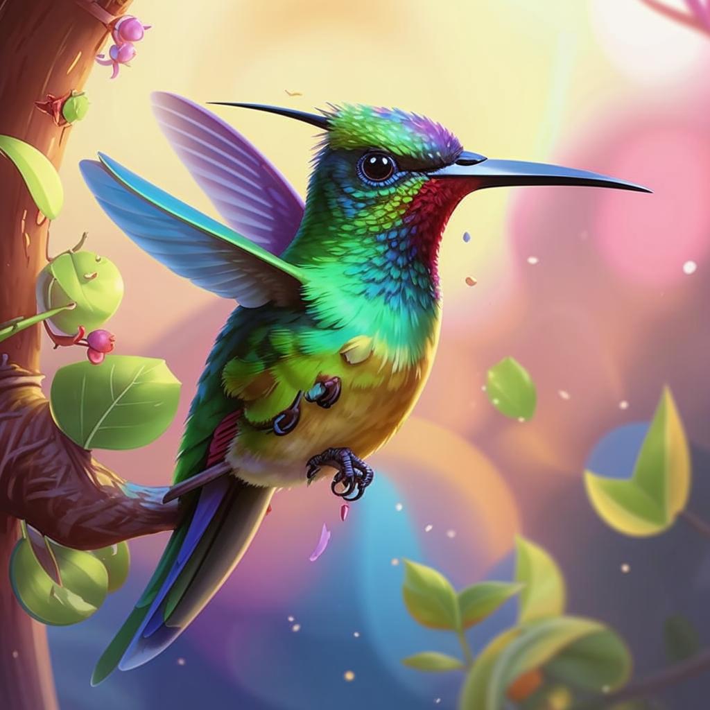 Птичка колибри, сидящая на ветке дерева, в мультяшном милом стил