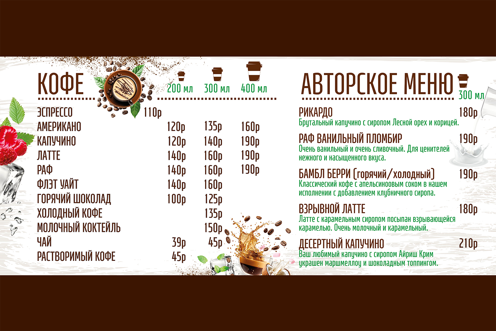 Меню для кофейни