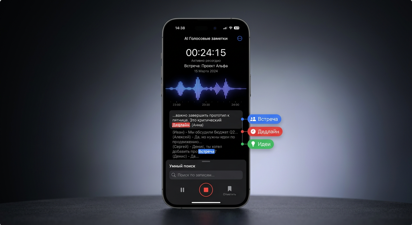 VoiceNote AI: Диктофон с локальной транскрибацией, умным поиском и авто-тегированием
