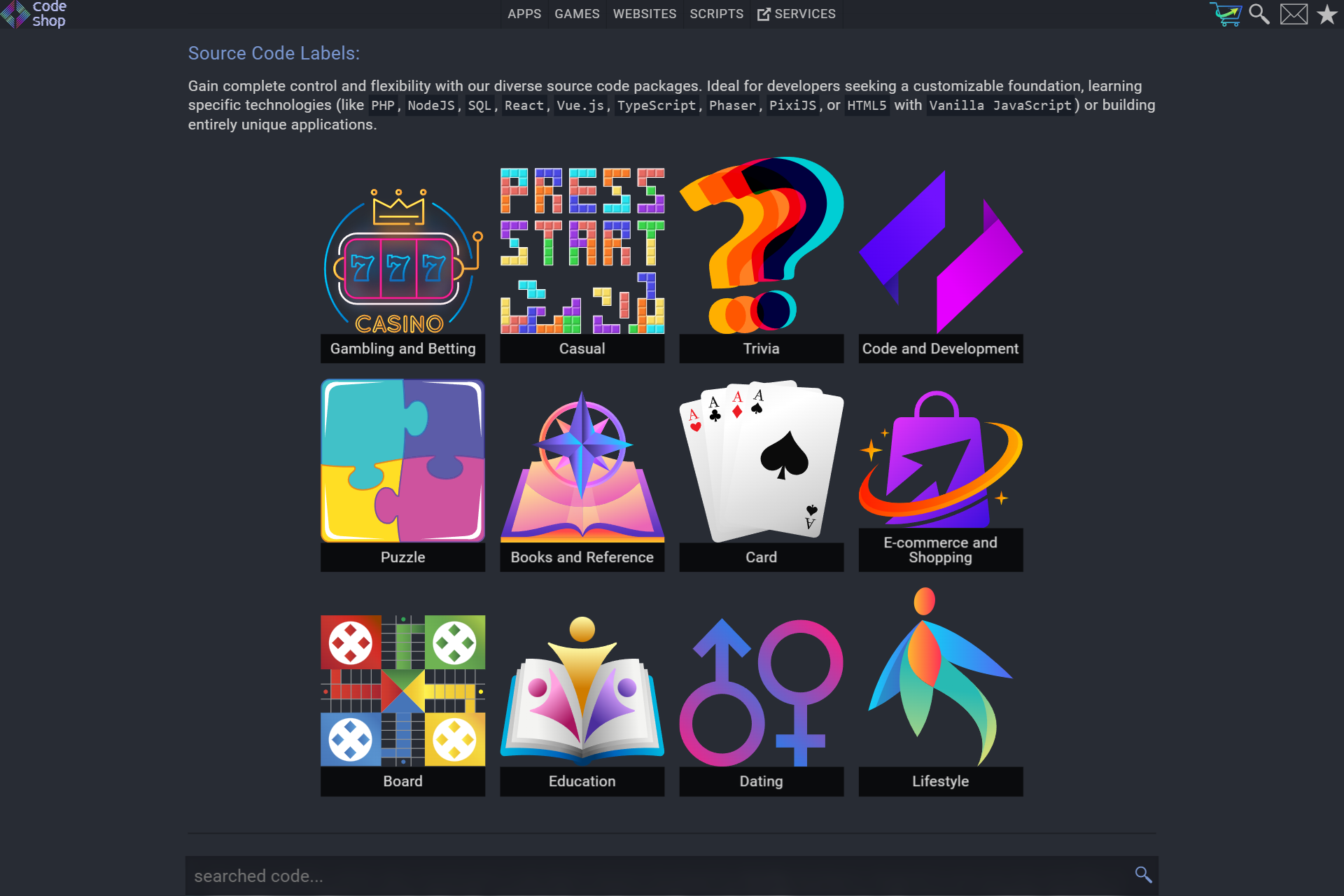 Code Shop - онлайн витрина с вебсайтами, HTML5 играми, PWA и Android(Cordova) приложениями