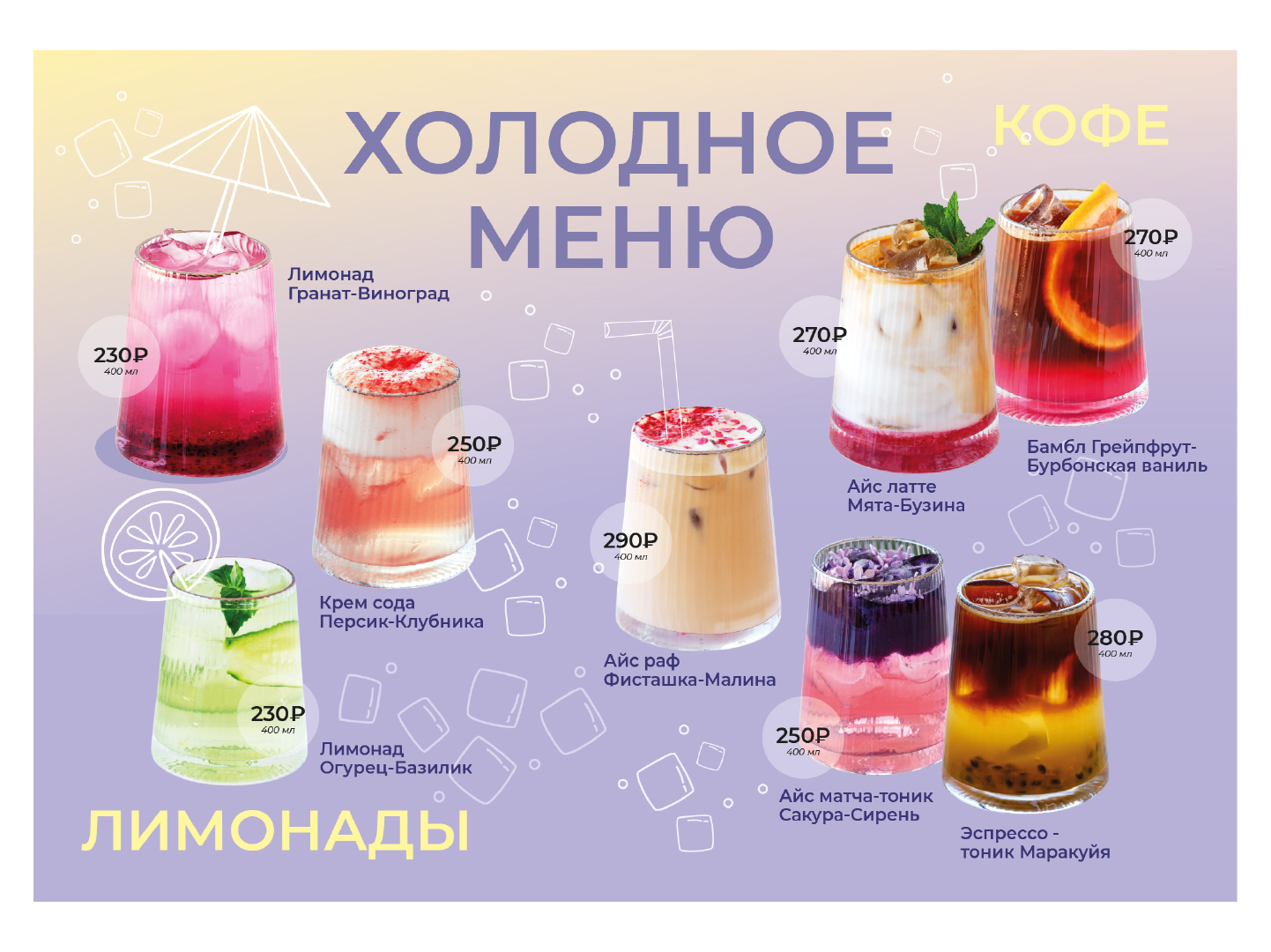 Дизайн меню коктейлей на экран в кафе