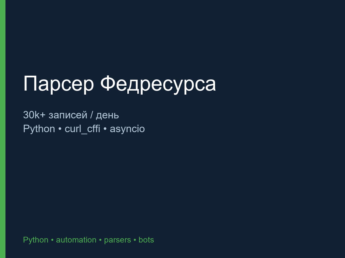 Парсер Федресурса (обход анти-бот, 30k+ записей/день)